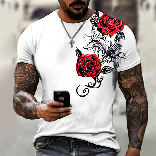 Men T-shirt 3D Graphic Bright Rose Print Vintage
