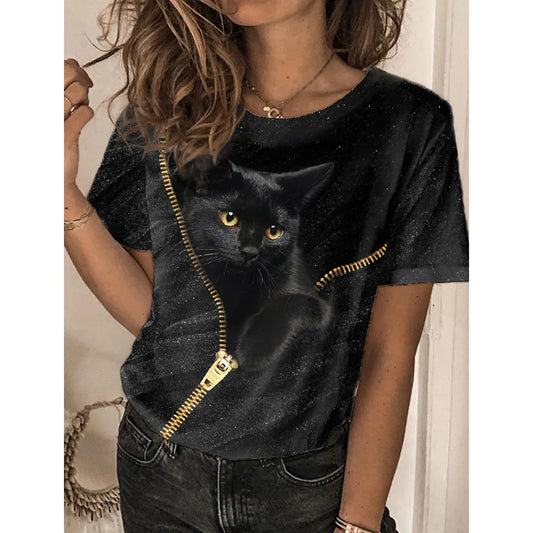 3D Kawaii Cat Print Short Sleeve T Shirt